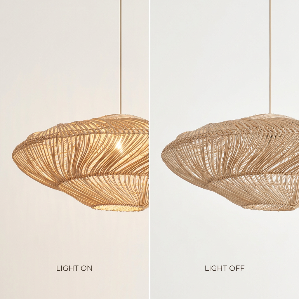 Beige pendant light on and off comparison
