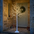 Birch tree lights at a British stone cottage doorway