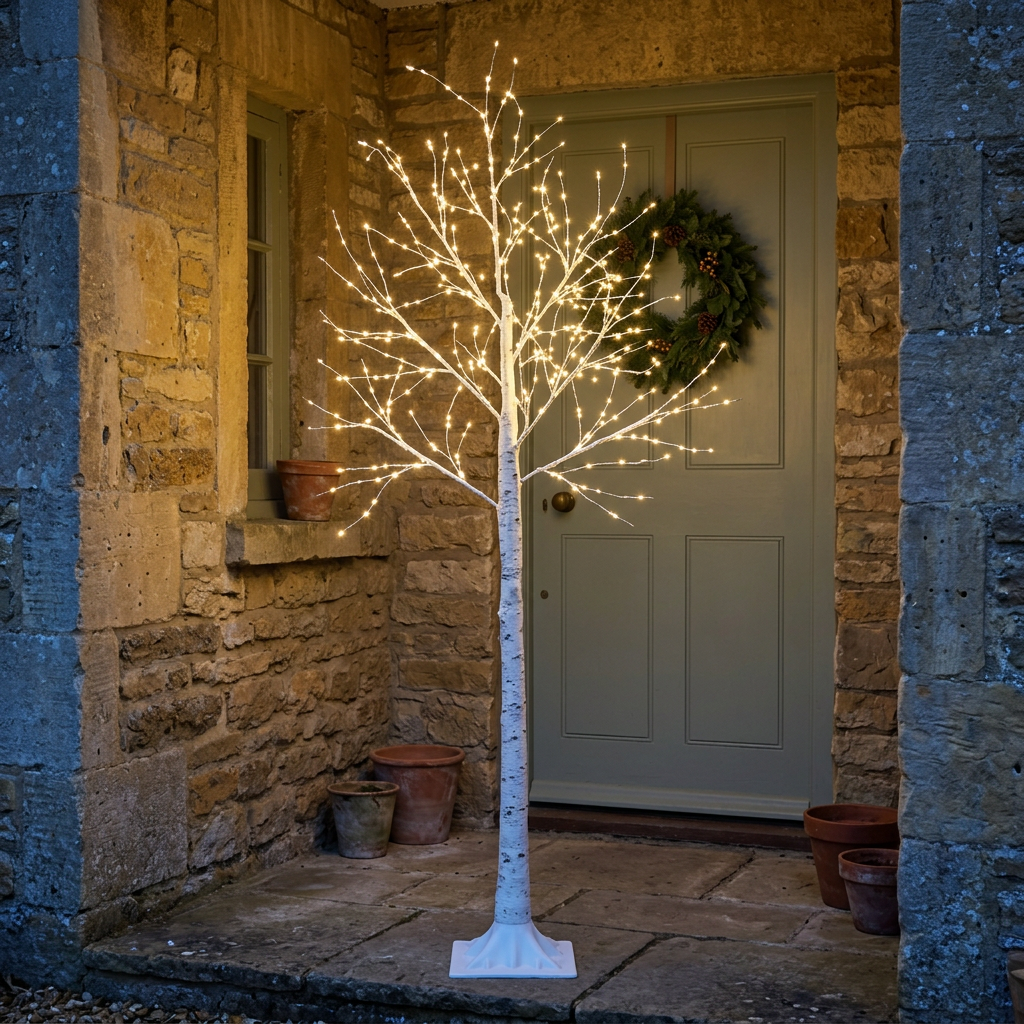 Birch tree lights at a British stone cottage doorway