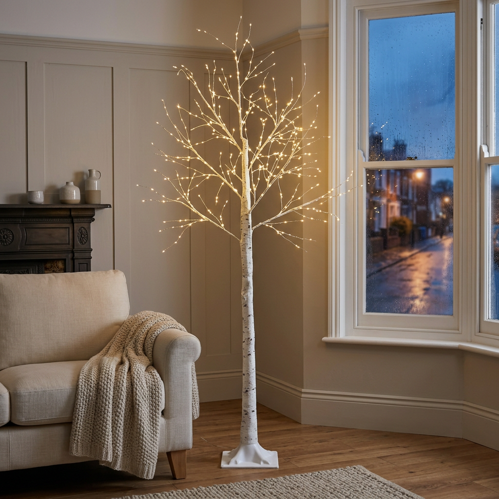 Birch tree lights in a cosy British living room