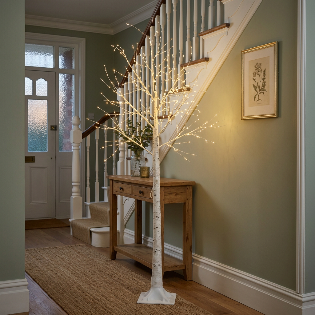 Birch tree lights in a welcoming British hallway