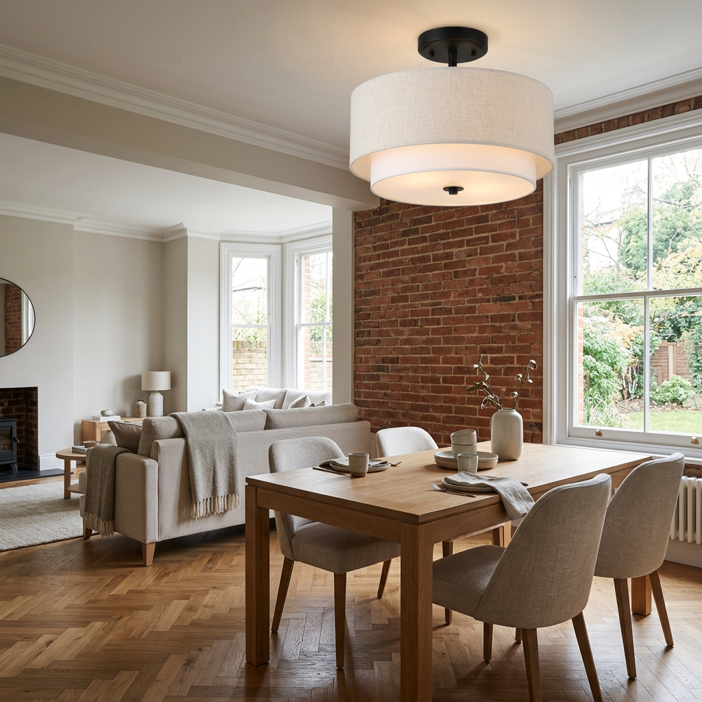 Black-canopy lamp in a modern British living and dining area