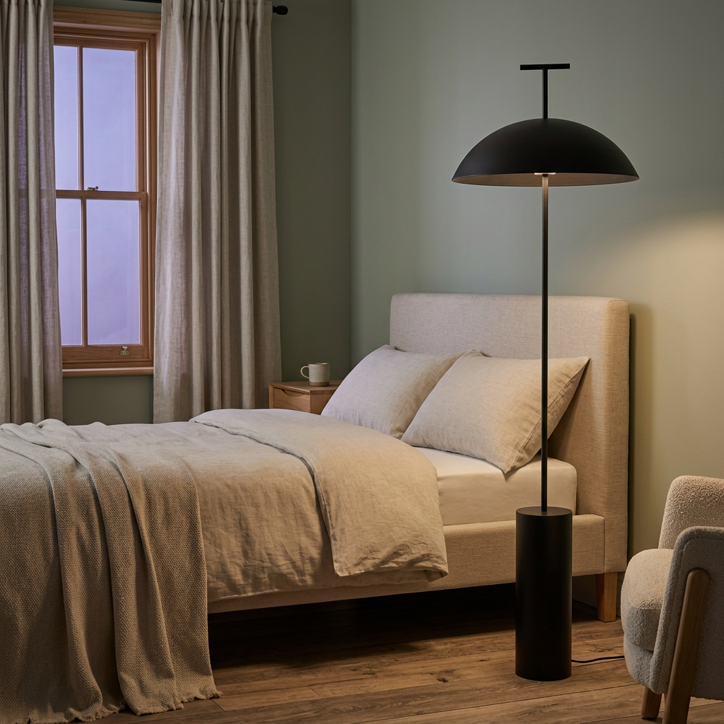 Black lamp in a UK bedroom