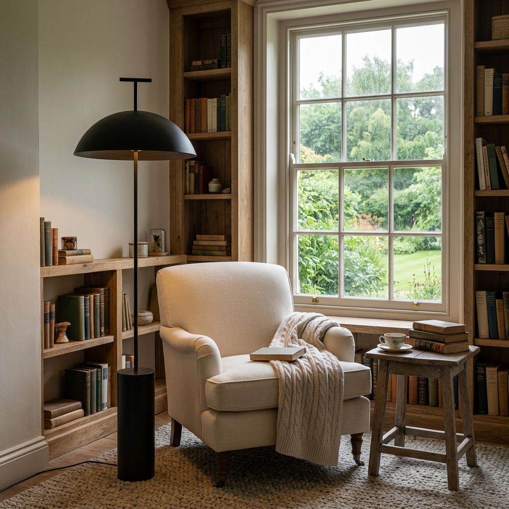 Black lamp in a UK reading nook