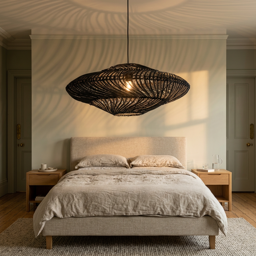 Black pendant in a UK main bedroom