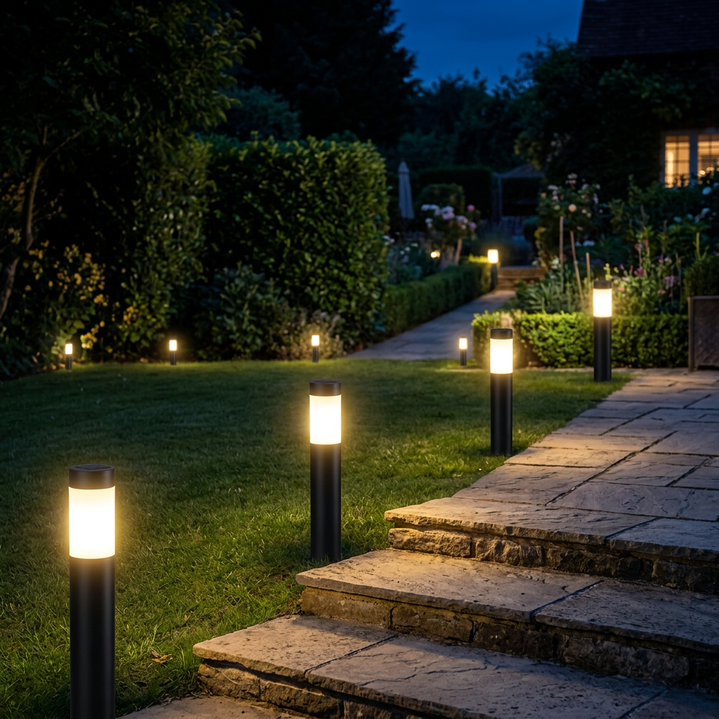 Black solar bollard lights along stone garden steps and lawn at night