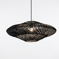 Black woven UFO pendant light on a clean white studio background