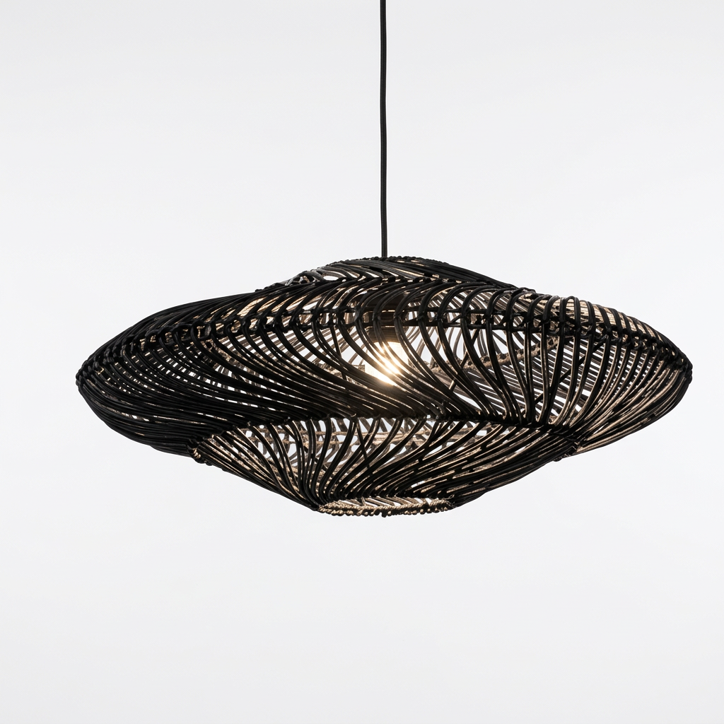 Black woven UFO pendant light on a clean white studio background