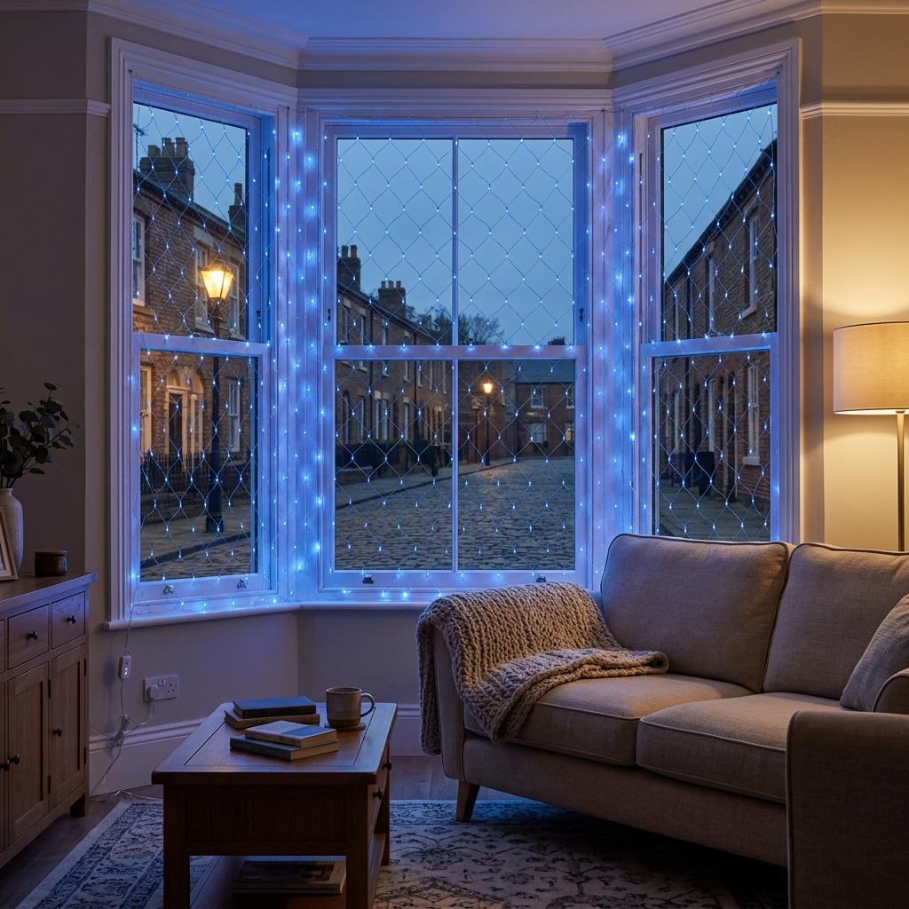Blue LED net fairy lights in a festive lifestyle setting