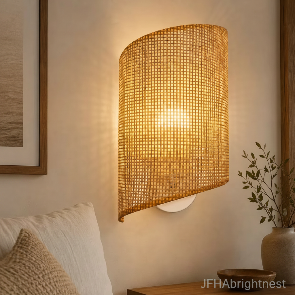 Woven bamboo wall sconce lit above a bedside table, casting a warm basket-weave glow on a cream wall