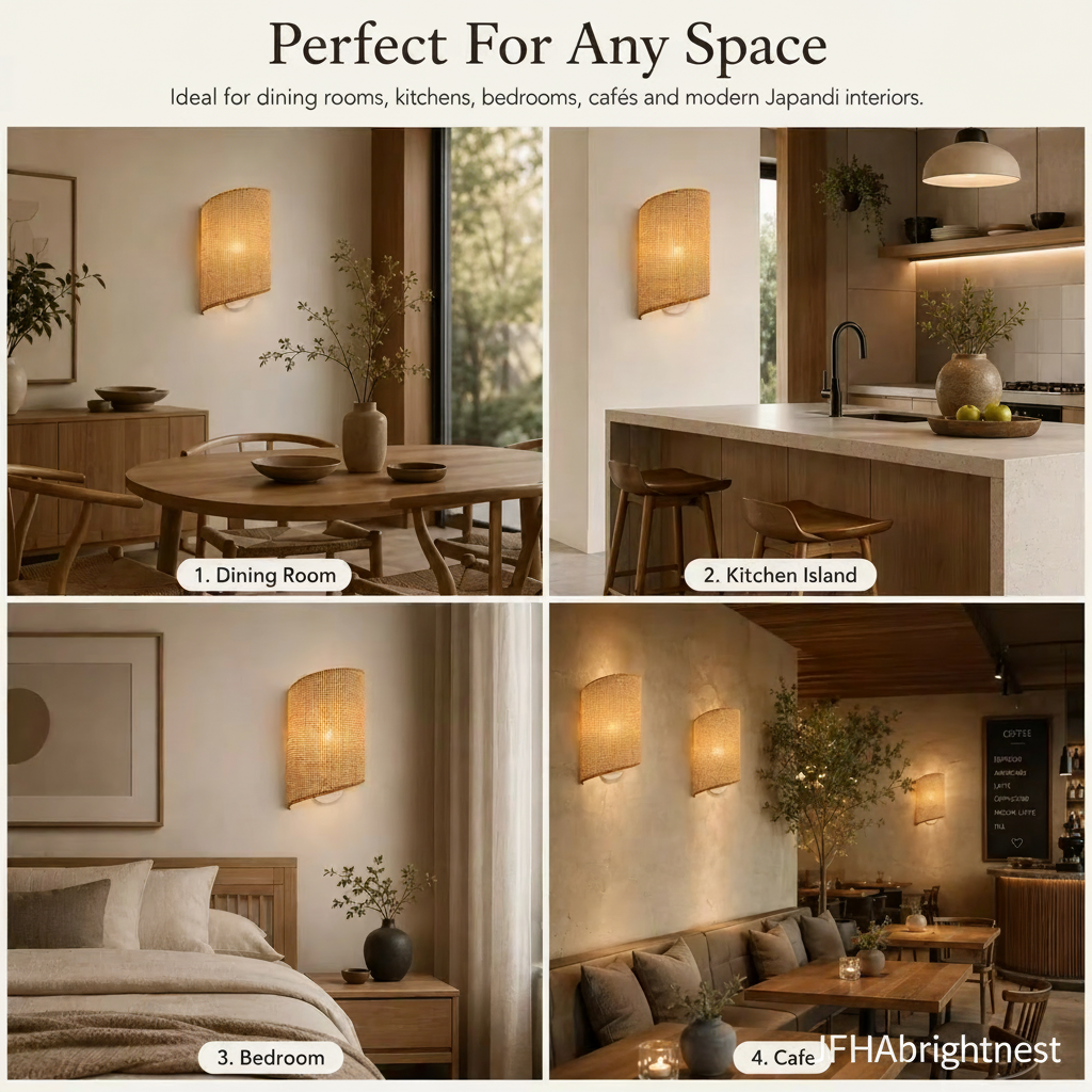Bamboo wall sconce shown in a dining room, kitchen, bedroom and cafe