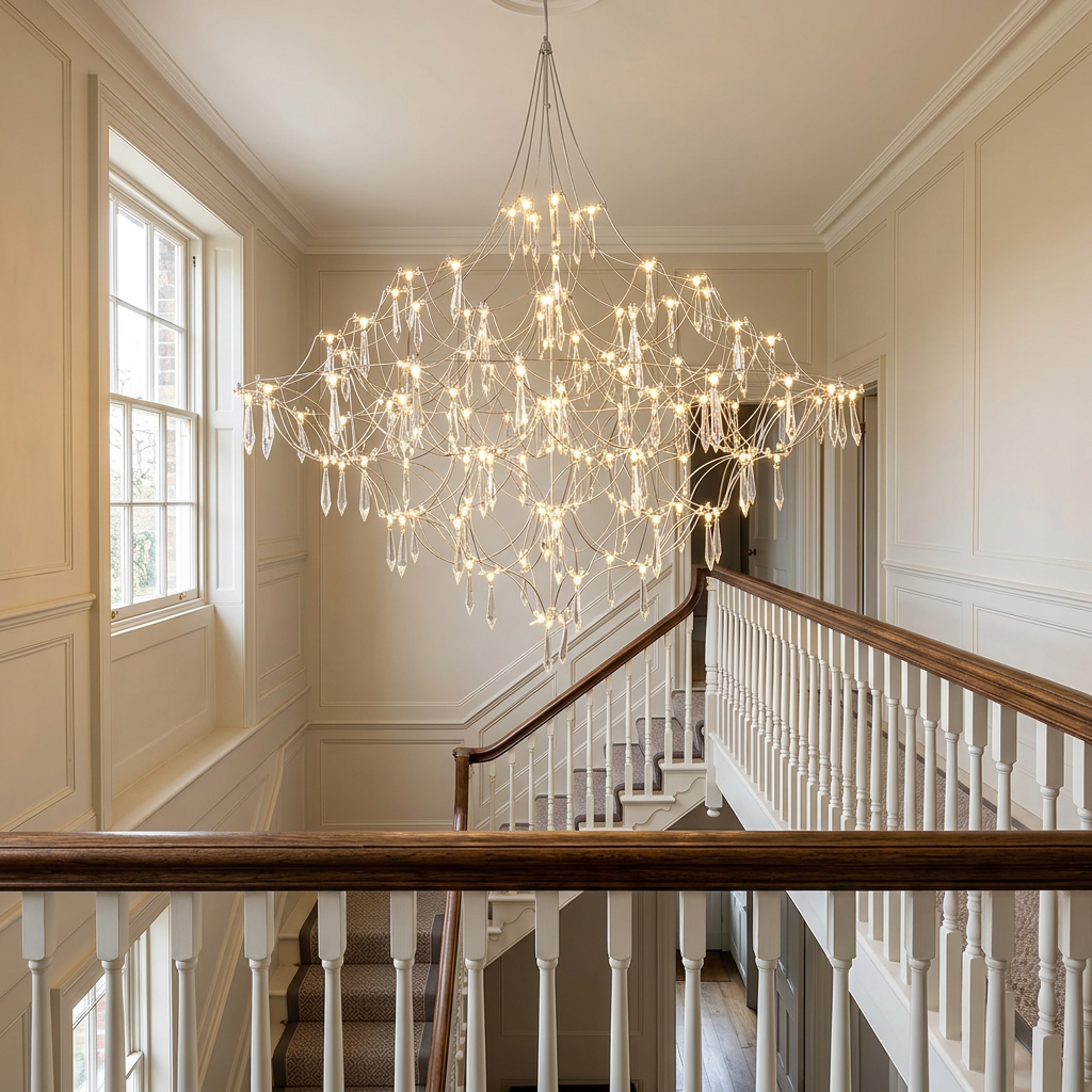 Chandelier in a British townhouse stairwell