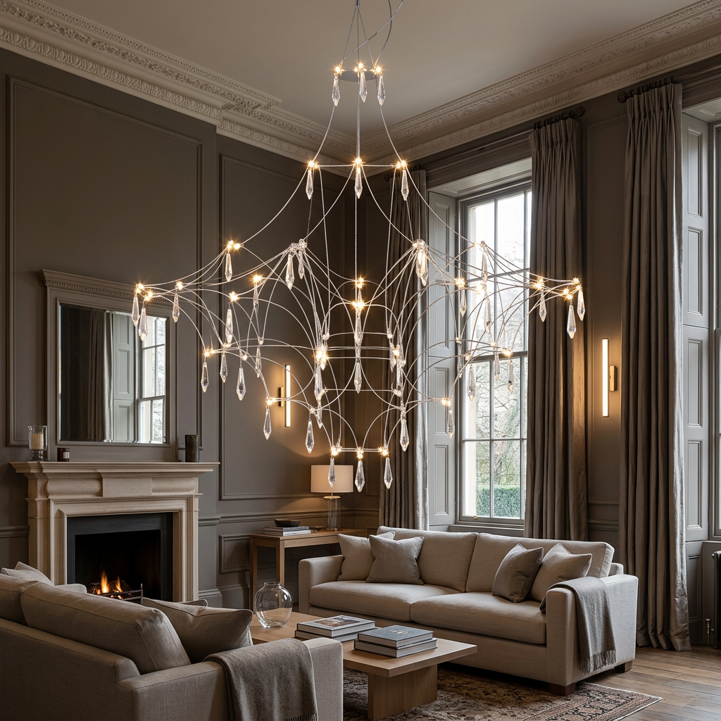 Chandelier in a high-ceilinged British drawing room