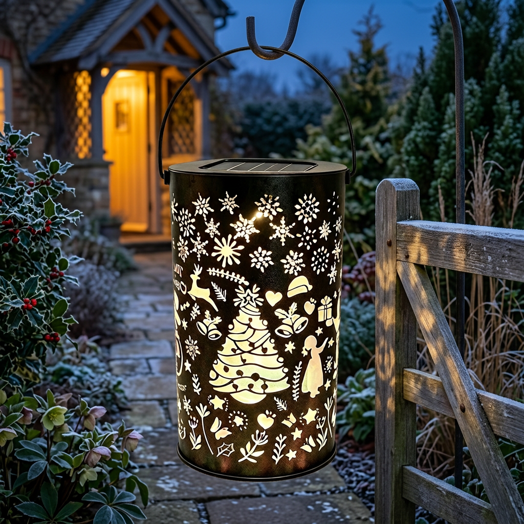 Hanging solar Christmas lantern beside a UK garden gate on a winter evening