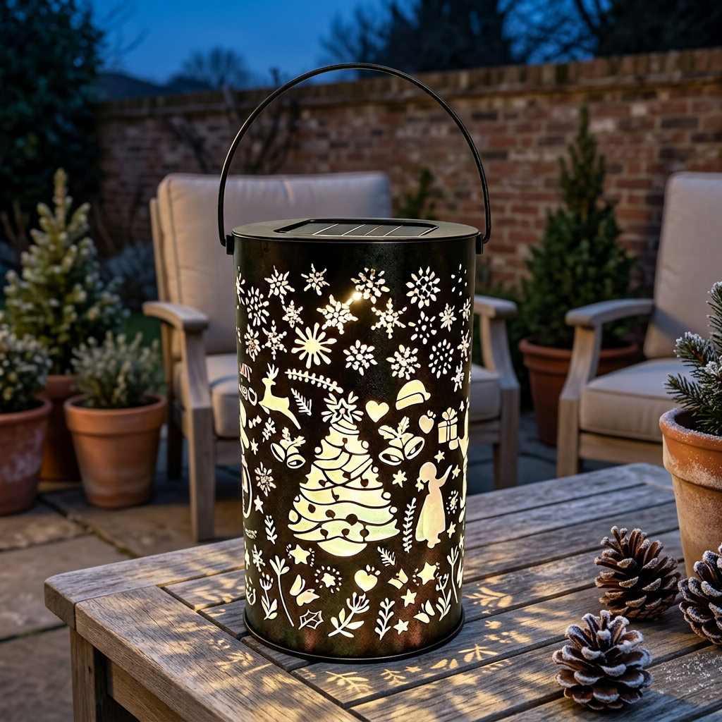 Solar Christmas lantern on a British garden patio table at night