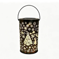 Solar Christmas lantern with cut-out Christmas tree and reindeer design, lit, on white background