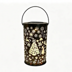 Solar Christmas lantern with cut-out Christmas tree and reindeer design, lit, on white background