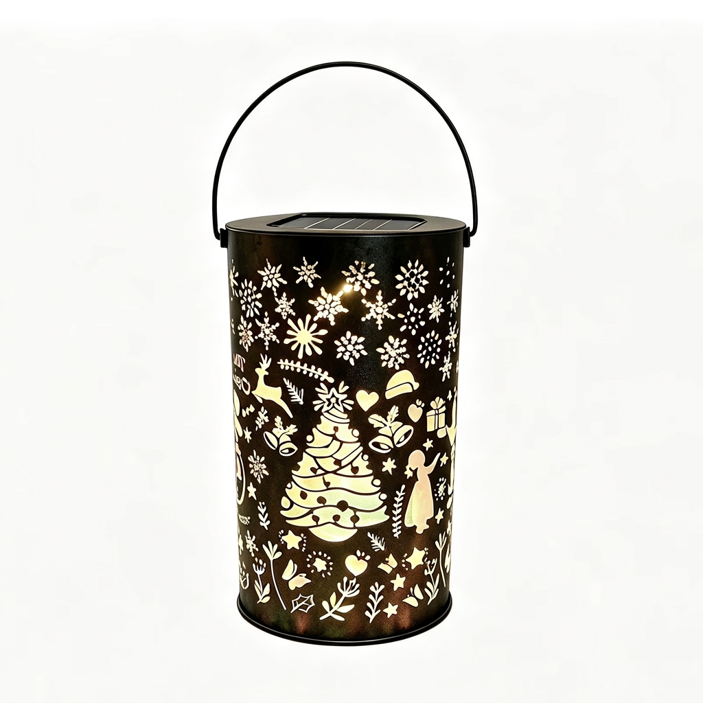 Solar Christmas lantern with cut-out Christmas tree and reindeer design, lit, on white background