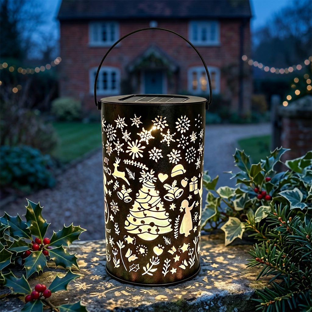 Solar Christmas garden lantern glowing on a UK cottage garden wall at night