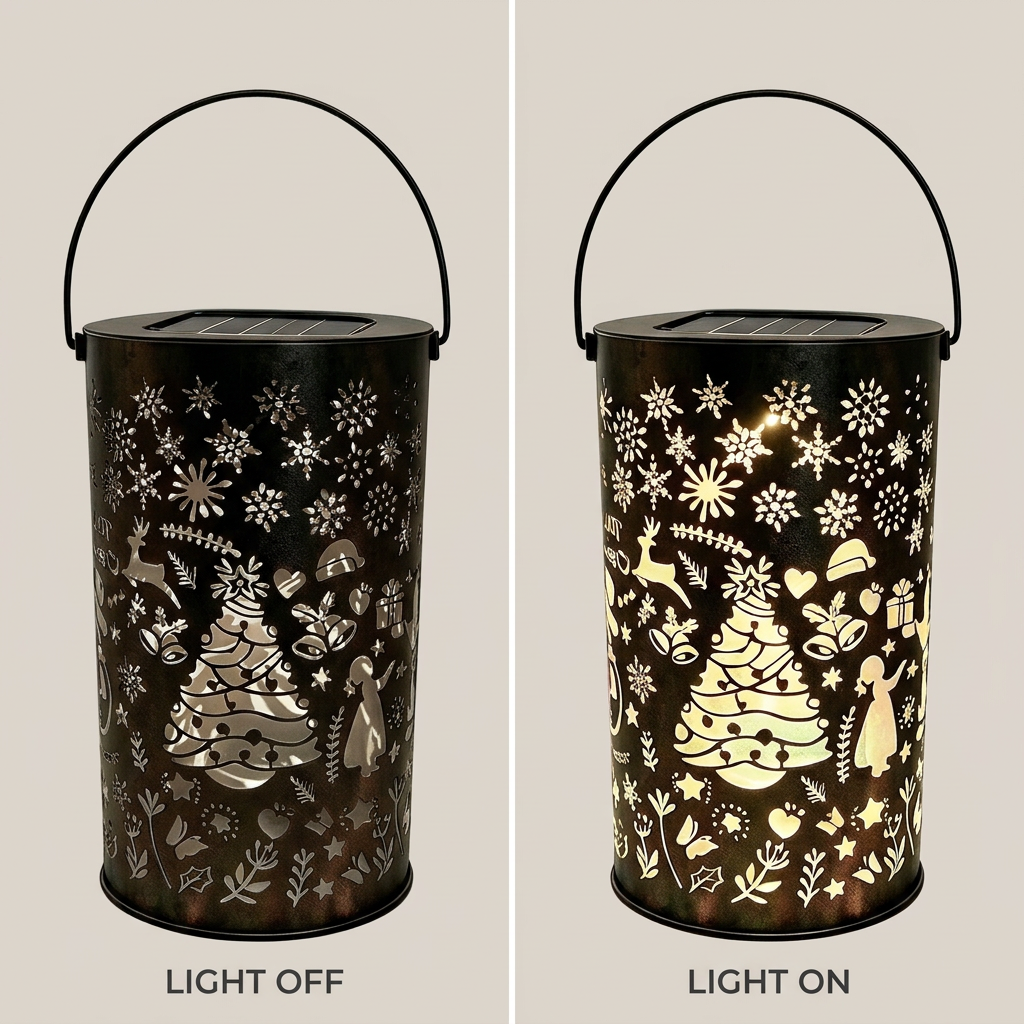 Solar Christmas lantern shown with light off and light on