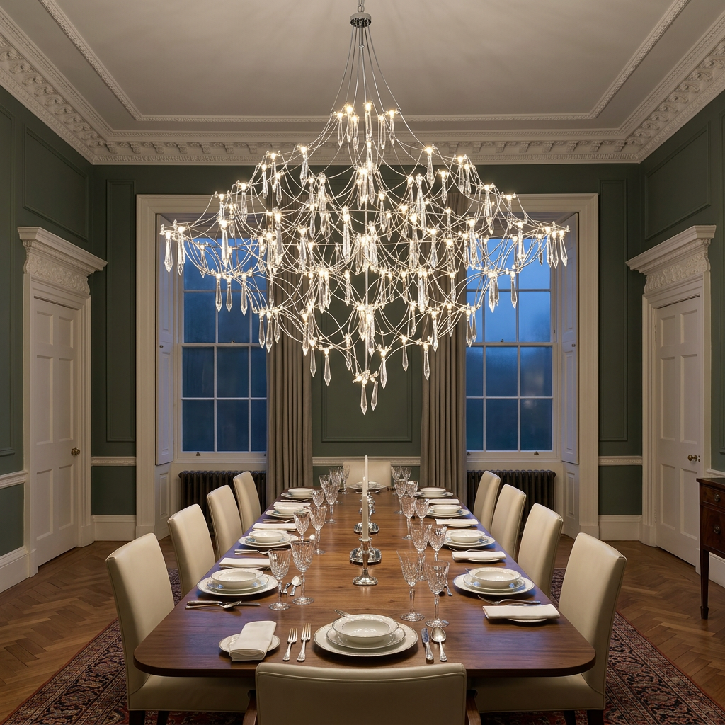 Chrome chandelier in a Georgian dining room