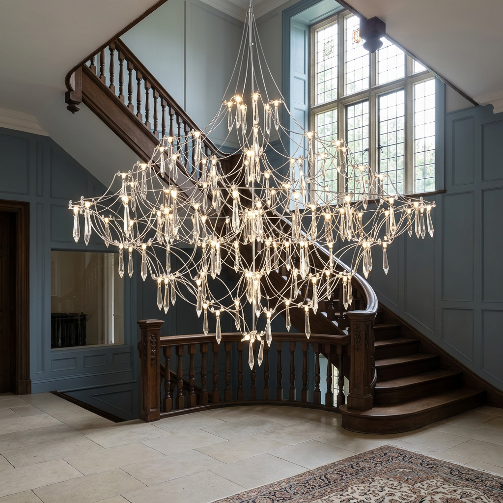 Chrome chandelier in an Edwardian entrance hall