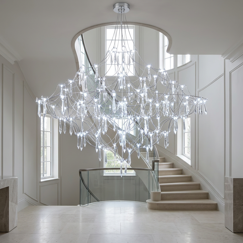Chrome chandelier with cool white lights in a British entrance hall