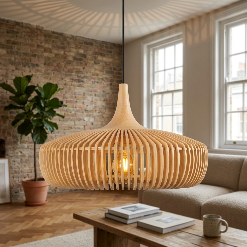 Close-up of natural wood slatted pendant light glowing warm