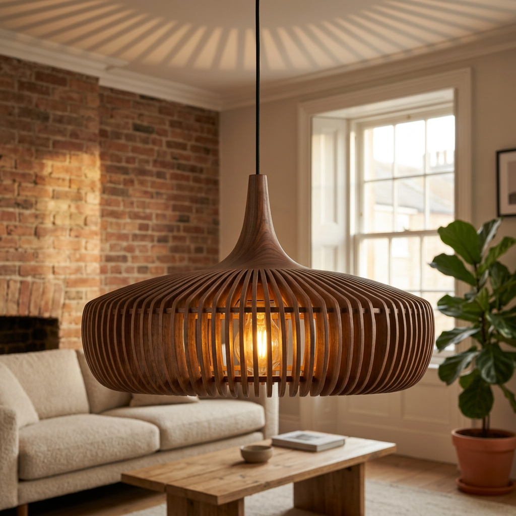 Close-up of walnut slatted pendant light glowing warm