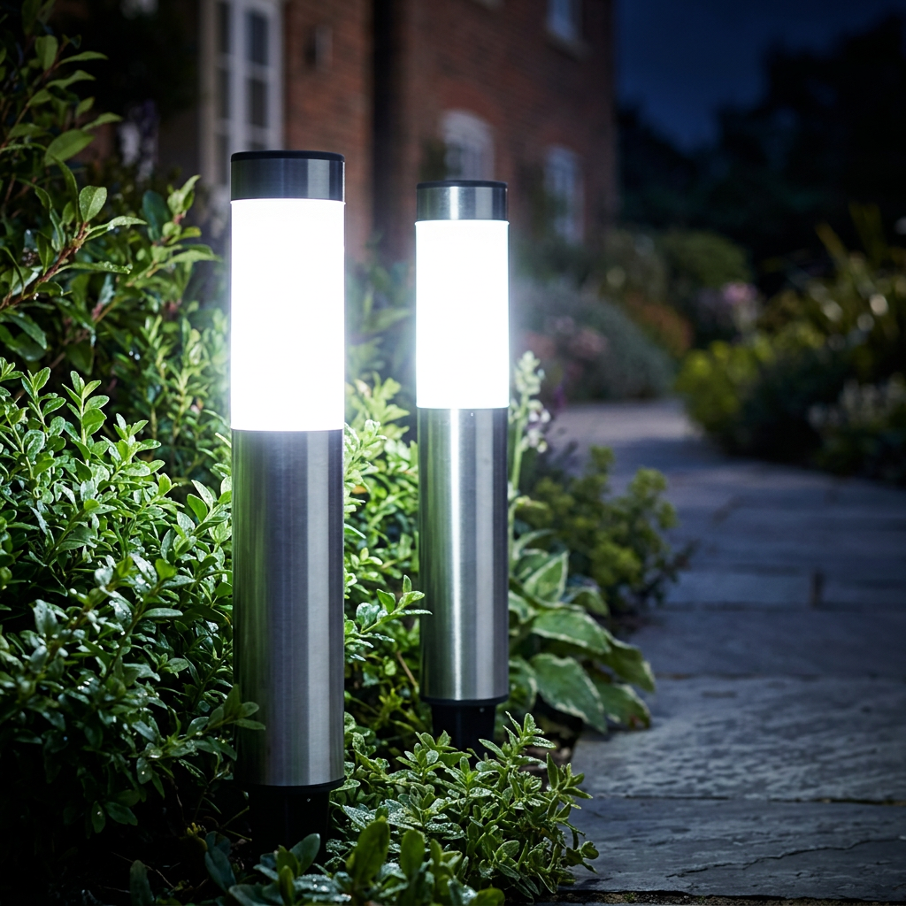 Close-up of two silver solar bollard lights glowing cool white beside a paved path