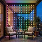 Rainbow RGB curtain lights glowing on a covered balcony at night