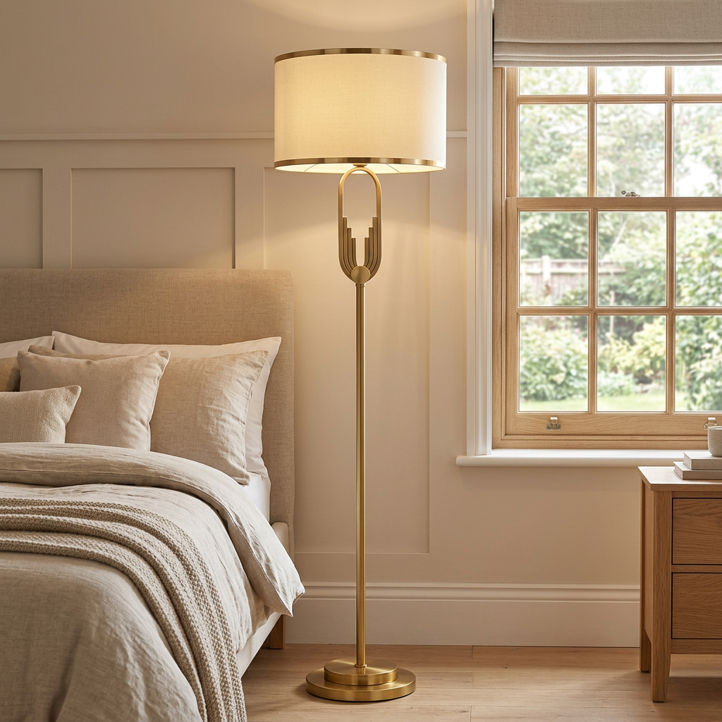 Cream and gold floor lamp beside a bed in a bedroom