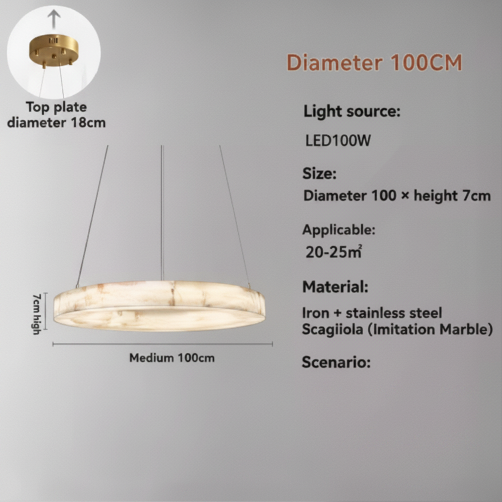 Size diagram: 100cm diameter by 7cm high disc pendant light