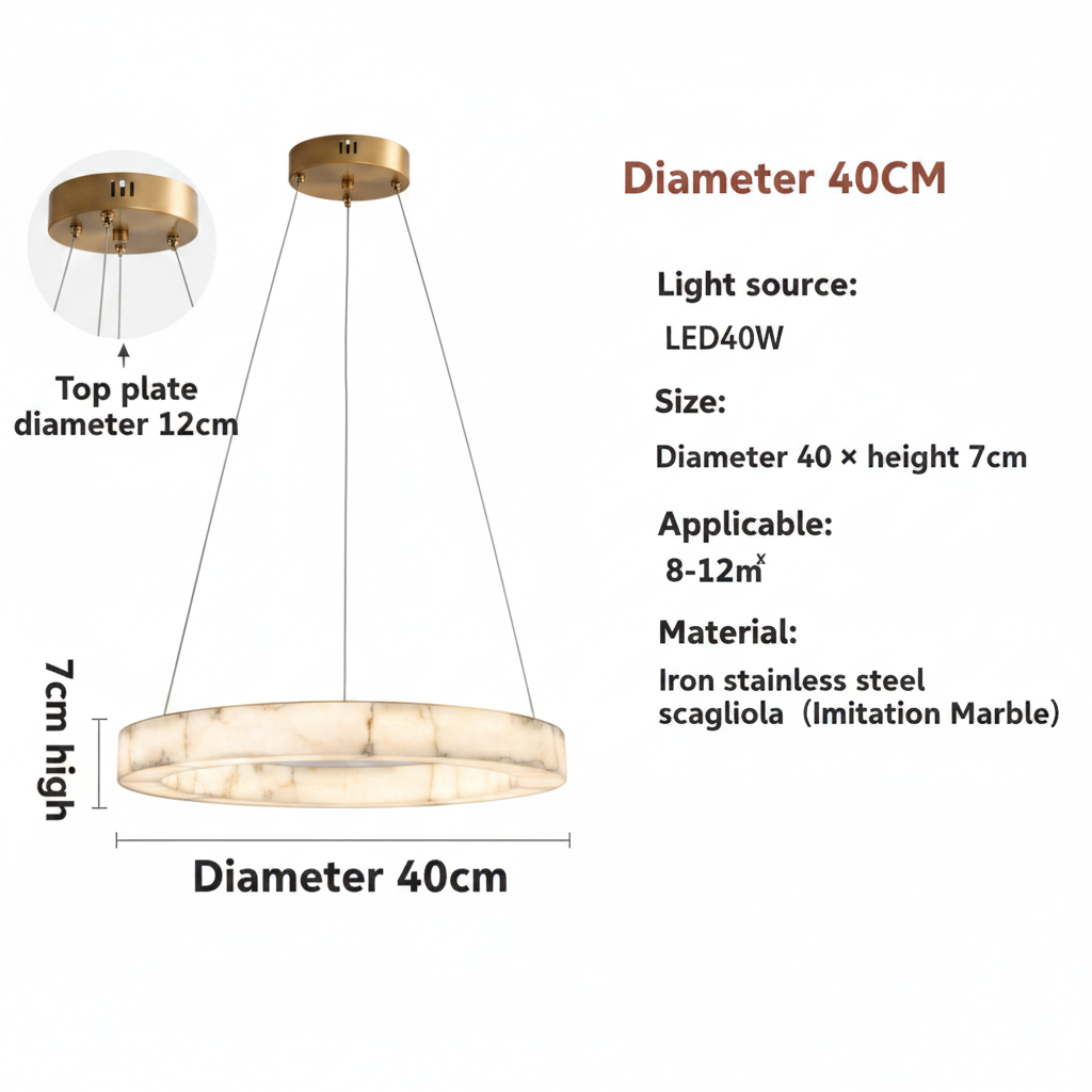 Size diagram: 40cm diameter by 7cm high disc pendant light