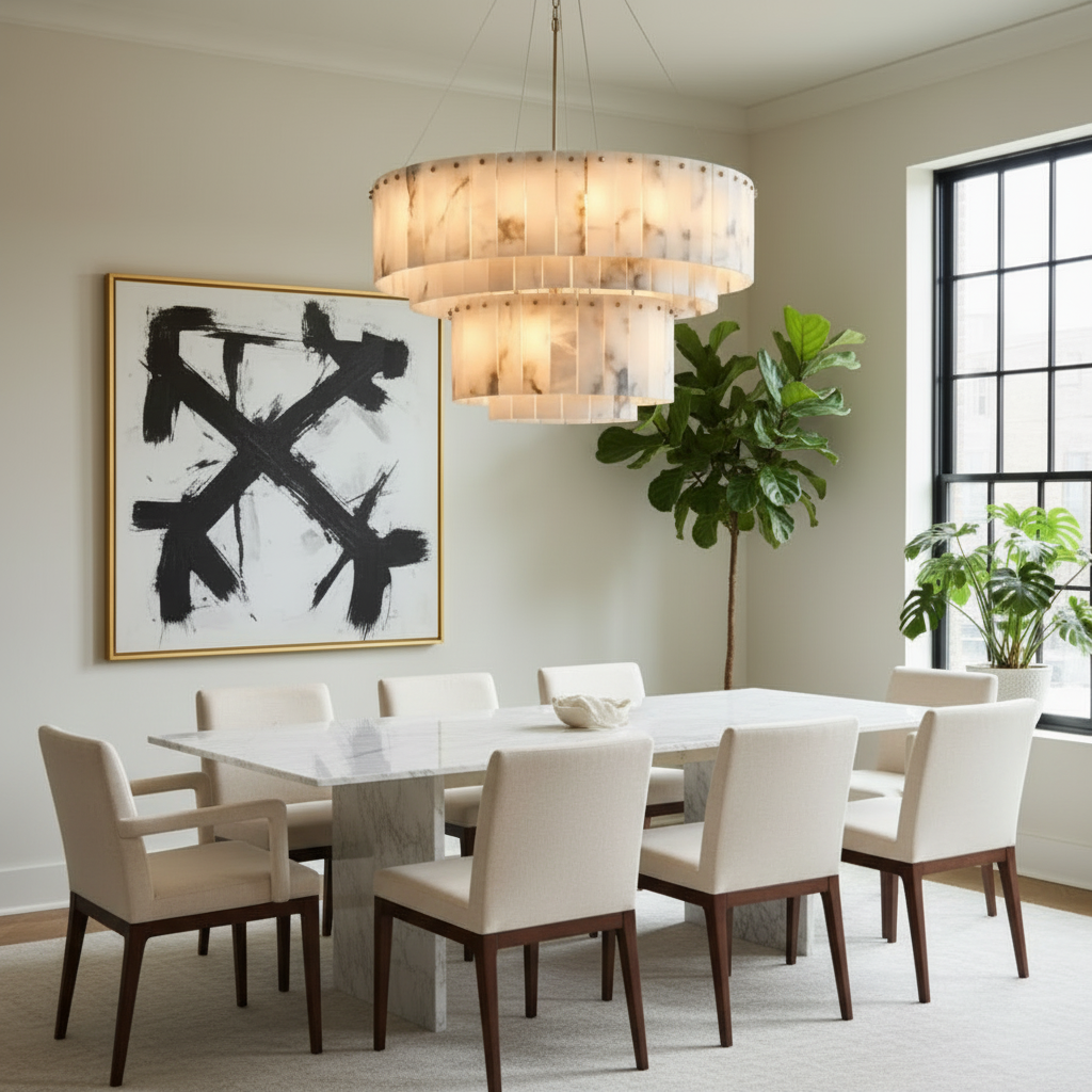 Alabaster marble and brass chandelier above a set dining table