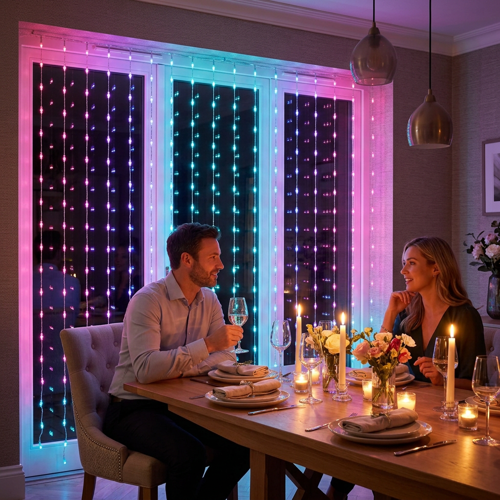 Christmas dinner party with RGB curtain lights as a backdrop