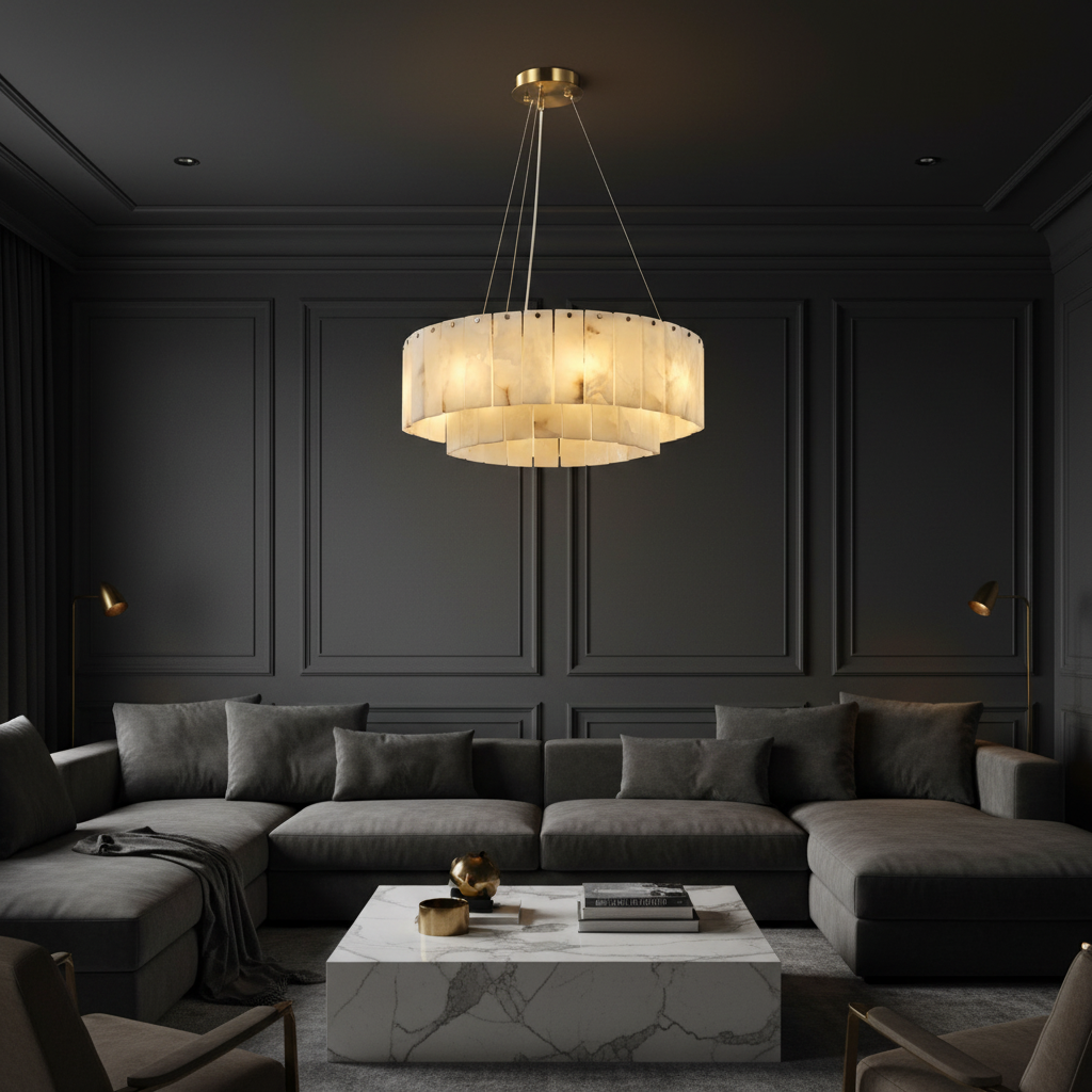 Double layer round alabaster marble chandelier above a living room seating area