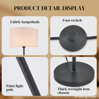 Elin floor lamp details: fabric drum shade, round foot switch, painted iron pole and thick iron base