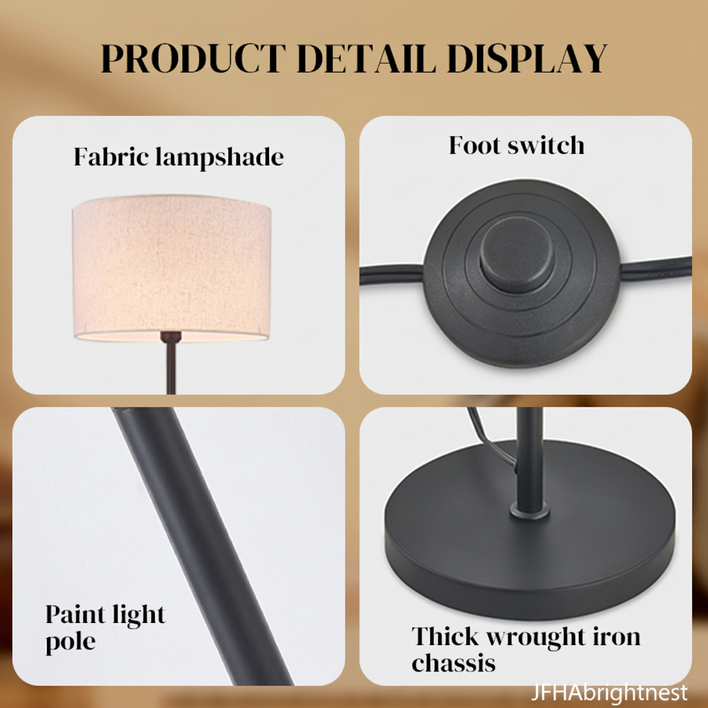 Elin floor lamp details: fabric drum shade, round foot switch, painted iron pole and thick iron base