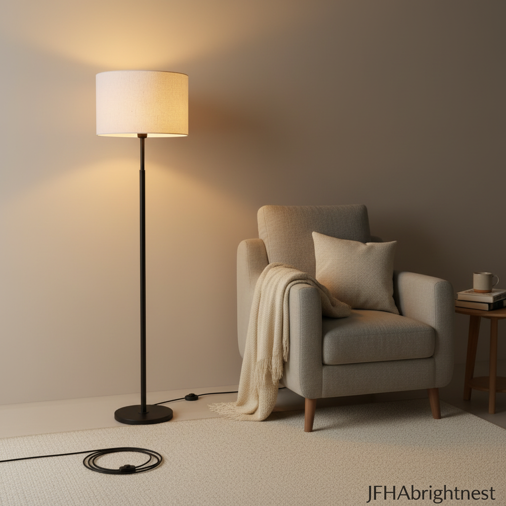 Elin floor lamp with a black pole and light fabric shade in a cosy reading nook