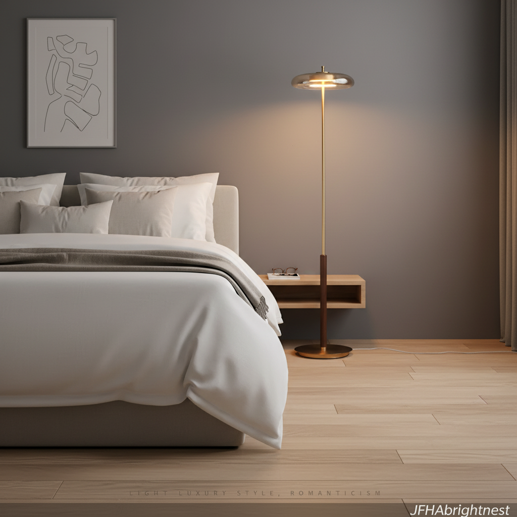Nesta floor lamp beside a bed, giving a warm reading light