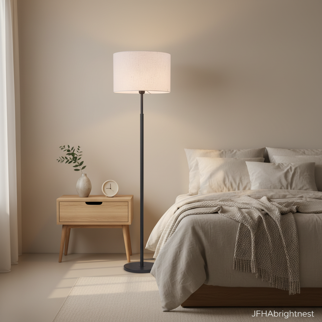 Elin floor lamp with a white fabric drum shade lighting a calm contemporary bedroom