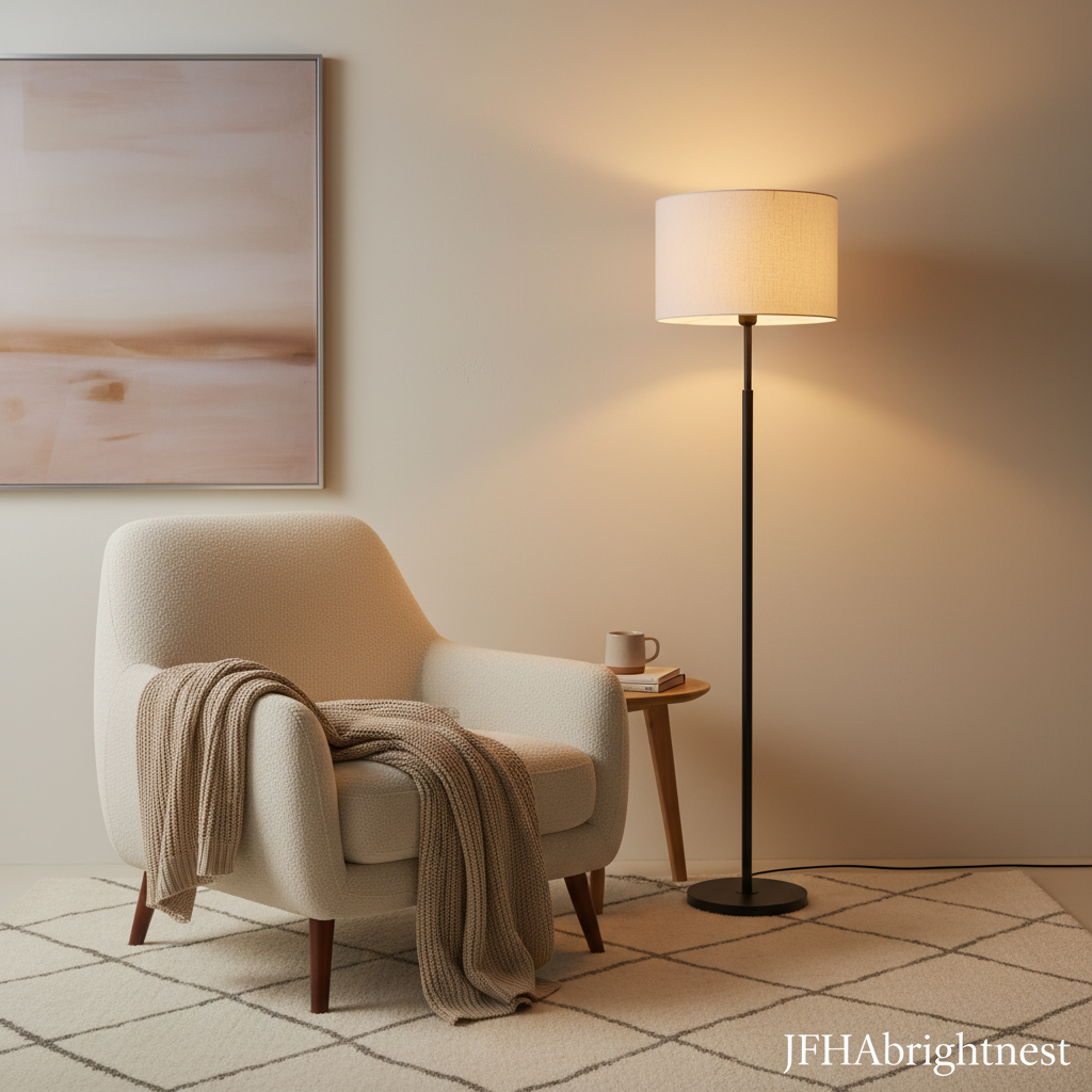 Elin floor lamp with a black pole and white fabric drum shade beside a cream armchair in a warm reading corner
