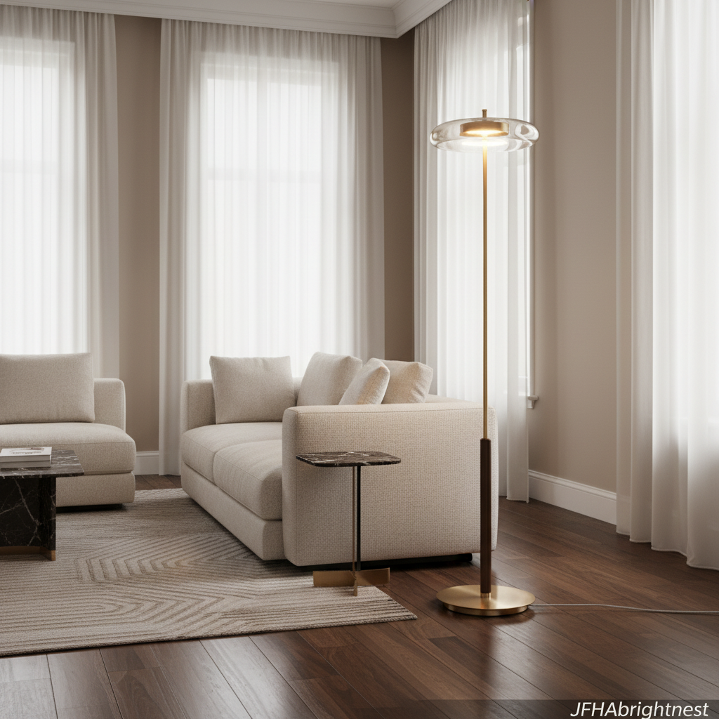 Nesta floor lamp standing beside a cream armchair in a living room