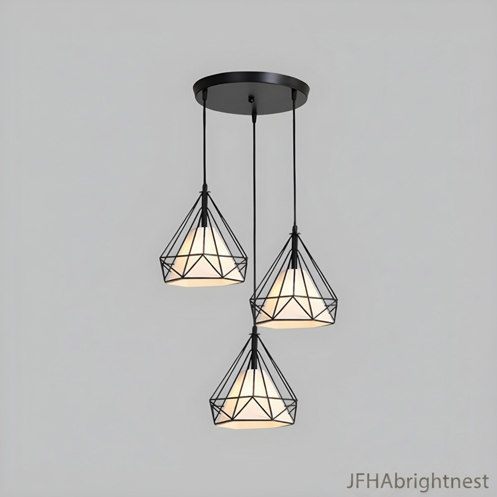 3-light black diamond cage pendant with round canopy on grey background