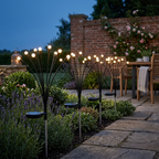 Solar firefly garden stake lights glowing warm white along a UK garden path at dusk