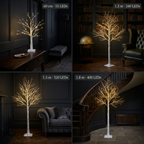 Four-panel dark lifestyle collage showing all four illuminated birch tree sizes in separate settings
