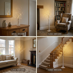 Four-panel UK-home lifestyle collage showing all four birch tree sizes