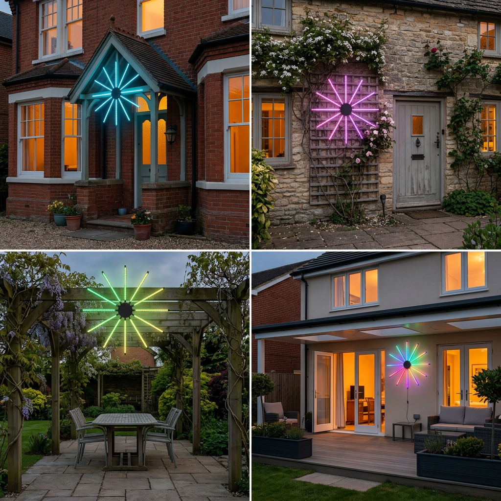 Firework string lights decorating the outside of UK homes in four colour scenes