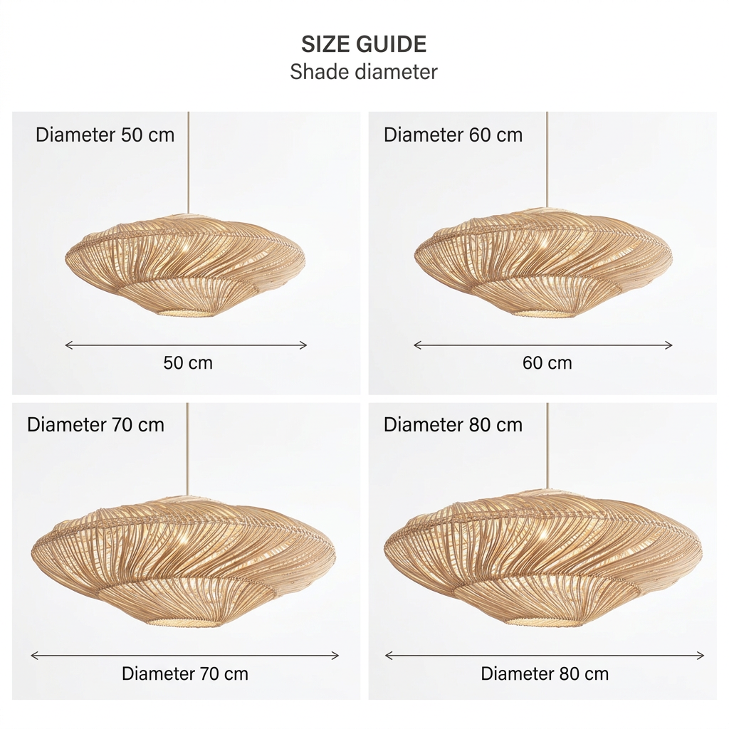 Four-size pendant dimension guide showing 50, 60, 70 and 80 cm diameters